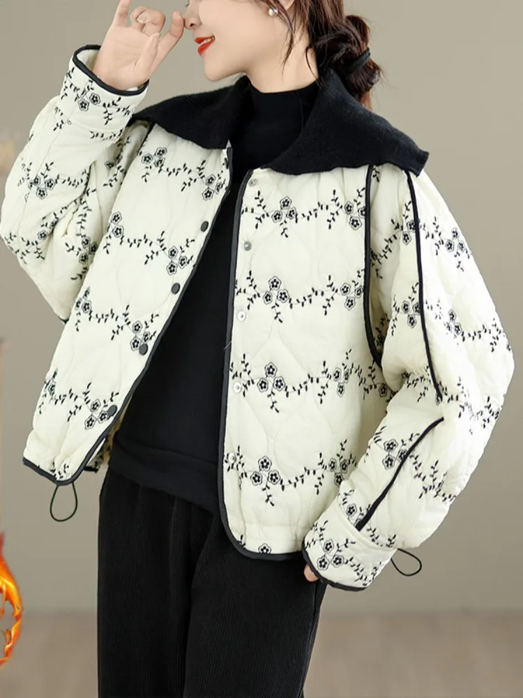 

Sli Rejuvenating Retro Embroidered Large Collar Cotton Jaet Women's ort Cotton Padded Warmth Bread Sle Thi Outerwear