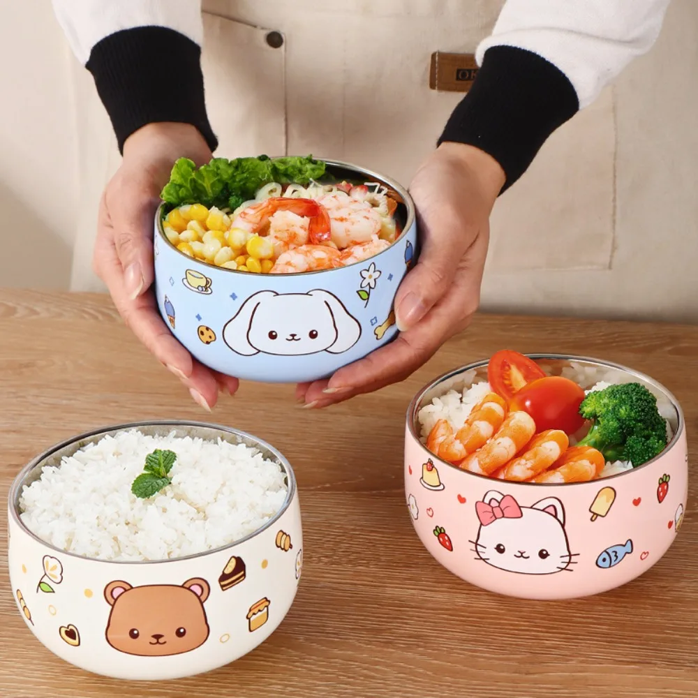 Cartoon Pattern Stainless Steel Children's Bowl Double Layer Drop-proof Ramen Bowl Unbreakable Anti-scalding Rice Bowl Soup