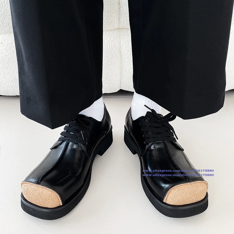أحذية ديربي بمقدمة مربعة من الجلد الأسود أحذية برباط للرجال على الطراز البريطاني القديم أحذية رجالية عصرية فاخرة ذات نعل سميك