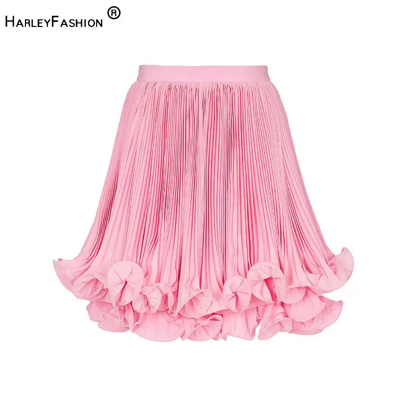 Fashion Designed 2024 Summer Lady Double Layers Quality Office Mini Pleated Solid Short Ruffles Skirt For Women