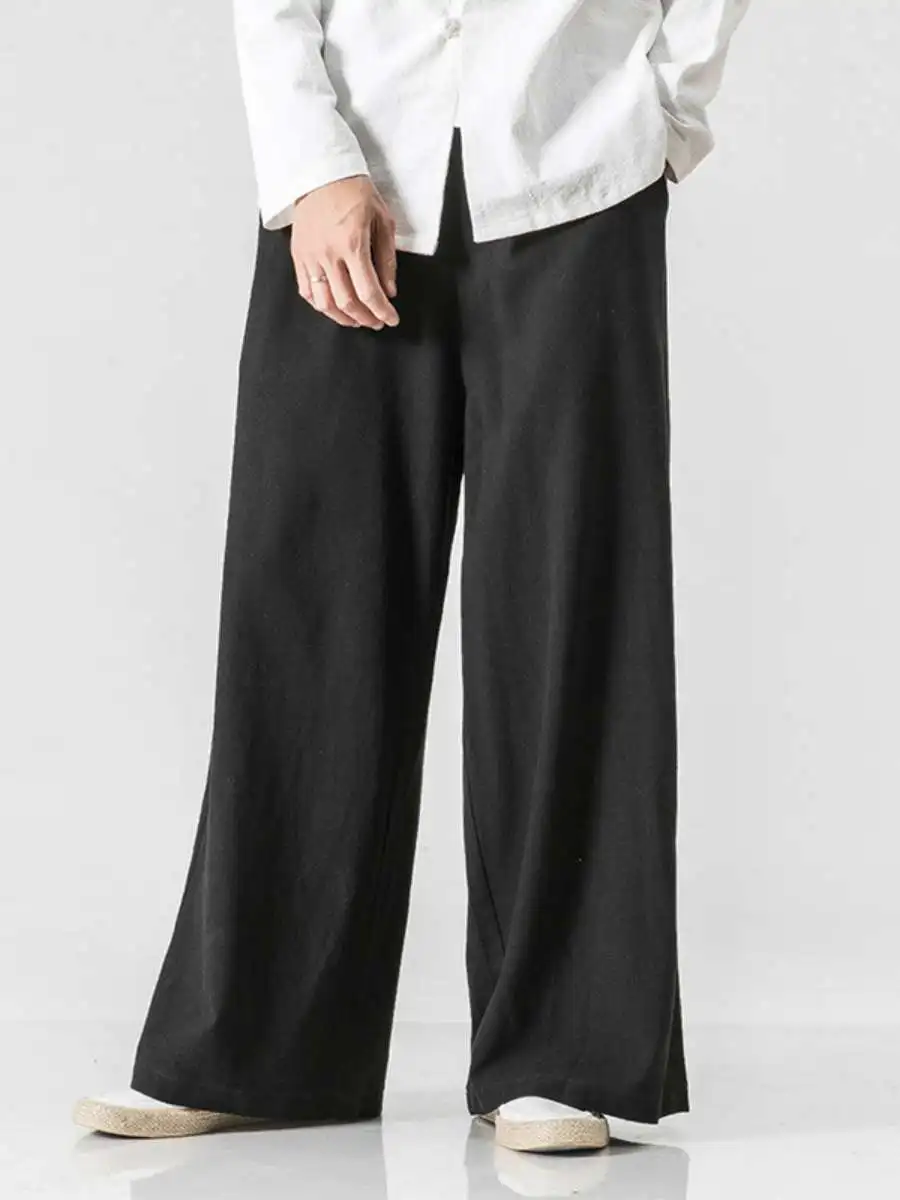 Loose Men's Wide Leg Pants Cotton Linen Style Autumn Winter Trousers Comfortable Casual Long Pants mid Waist Belted