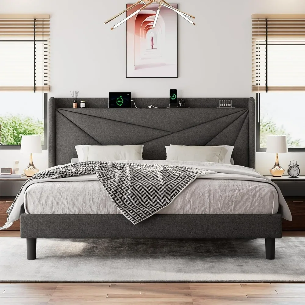 Extra large upholstered bed frame with charging station, storage head board, solid wood Flat noodles support, dark gray