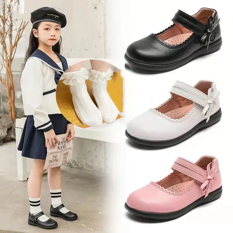 

New Girls White Black Leather Shoes Student Dress Shoes For School Kids Fashion Pincess Shoes for Spring Summer Chaussure fille