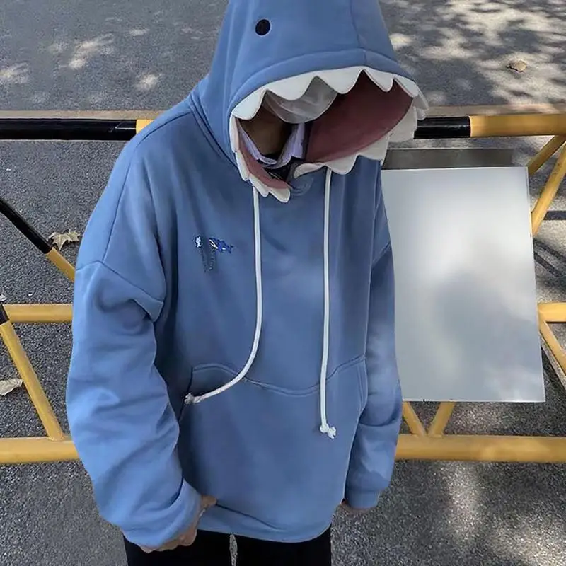 Shark Sweatshirt Women\'s Blue Hoodies Long Sleeve Shark Shape Couple Pullover Animal Hooded Cartoon Sweatshirt For Men Women