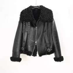 Wholo Leather Bazaar Nature Lamb Real Fur Coat Short Warm Coats Women's Motorcycle Leather Jackets 2024 Winter Jacket Women