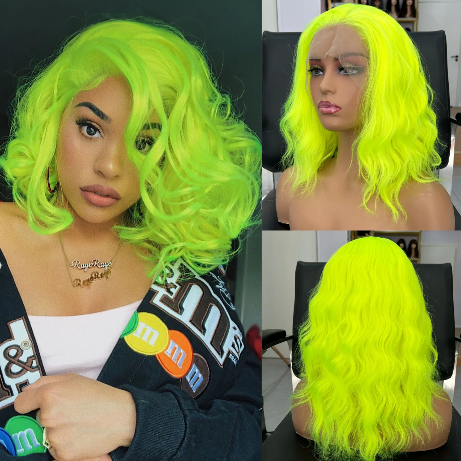 Short Curly Wavy Bob Wigs for Women Synthetic Free Part Shoulder Length Neon Green 13X4 Lace Front Wigs for Party Cosplay