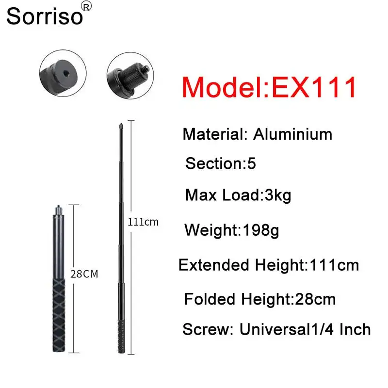 111cm Selfie Stick Aluminum Adjustable Length Telescopic Extension Pole Universal 1/4 Thread for Action Camera Gopro