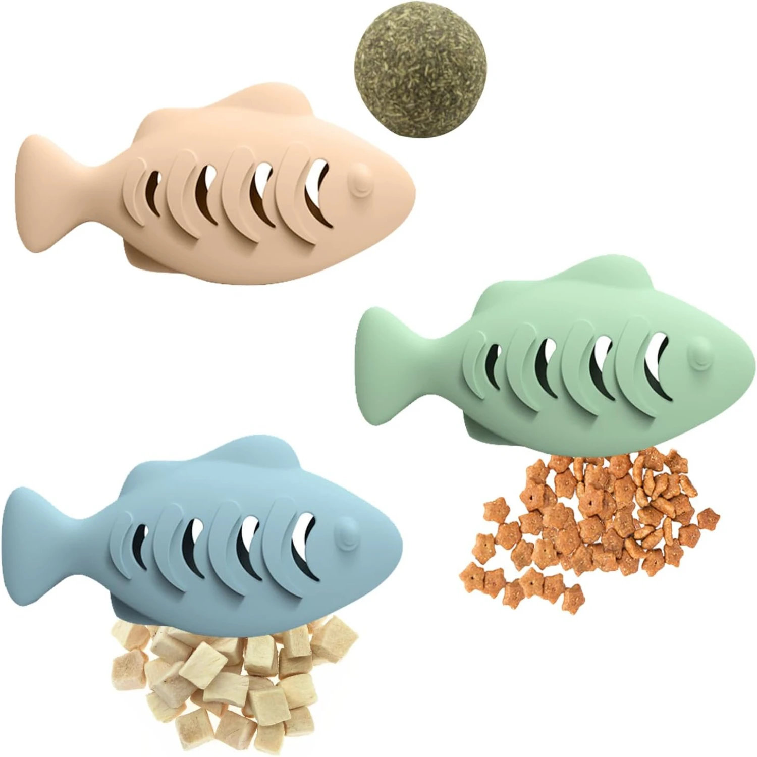 

3 Pcs Cat Treat Toys, Fish Shape Food-Grade Silicone Meal Dispenser, Used with Food or Catnip for Kitten, Interactive Cat Toy