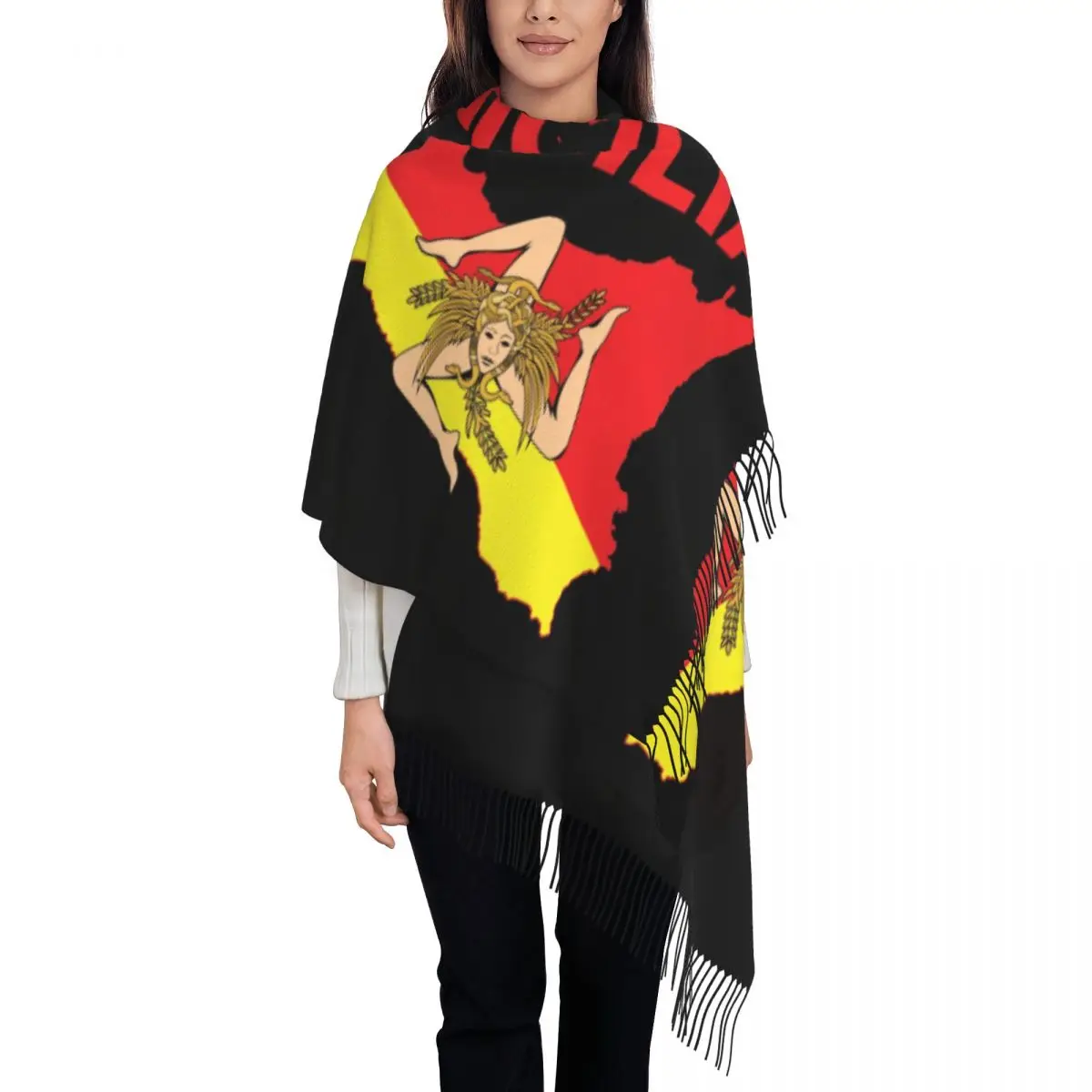 

Map Of Sicily Trinacria Tassel Scarf Women Soft Sicilian Pride Shawl Wrap Ladies Winter Scarves