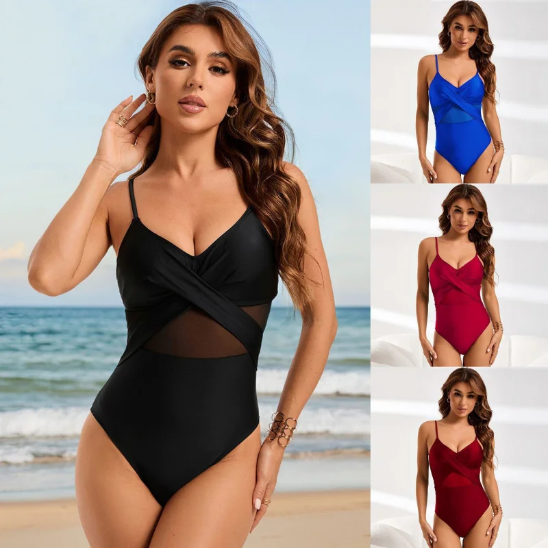 New One-Piece Sexy Backless Strap Swimsuit with Mesh Patchwork, Tummy Covering, and Cross Bikini