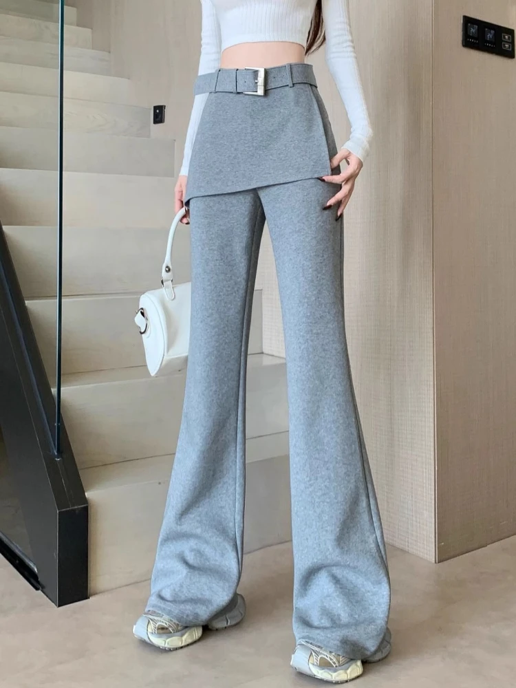 Szare mikro-spodnie damskie jesienno-zimowe, szyte, imitujące dwuczęściowy komplet, z wysokim stanem, typu culottes, dopasowane, modne, w stylu Y2k, codzienne spodnie.