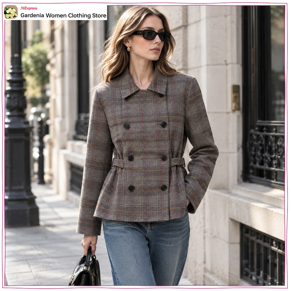 Women's Plaid Blazer with Loops New in Spring & Autumn Stand Collar and Long Sleeves Blazer Vintage Brown Double-breasted Blazer