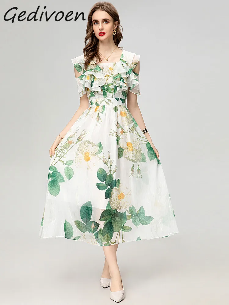 

Gedivoen Fashion Designer Summer Dress Women Short sleeve Flower Print ruffle White Holiday Elegant Party Midi Dress