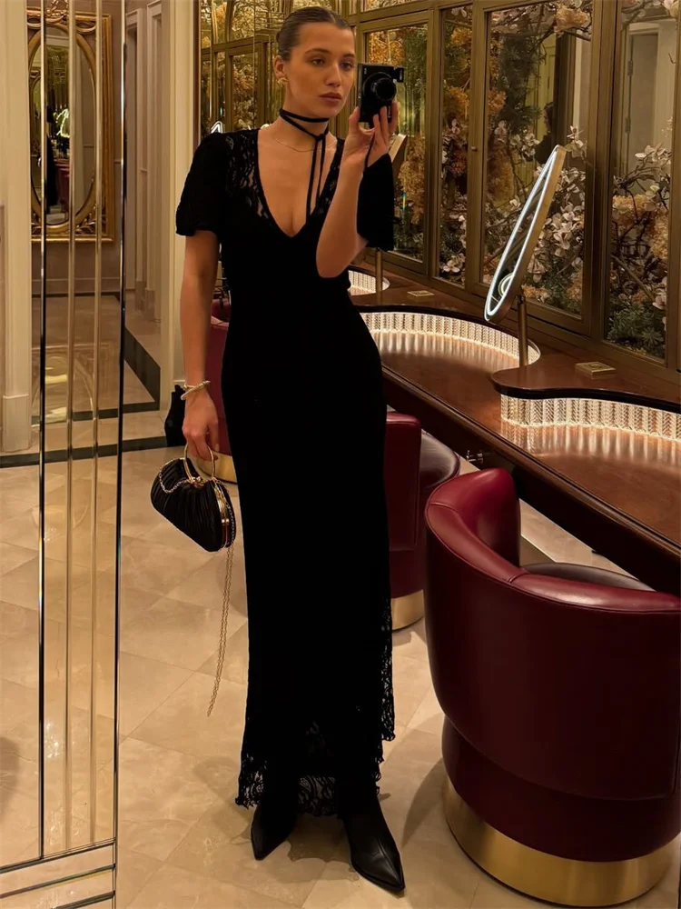 Tossy Fashion Lace Hollow Out Long Dress Women's V-Neck High Waist Sexy See-Through Printed Summer Dress Female Bodycon Dress