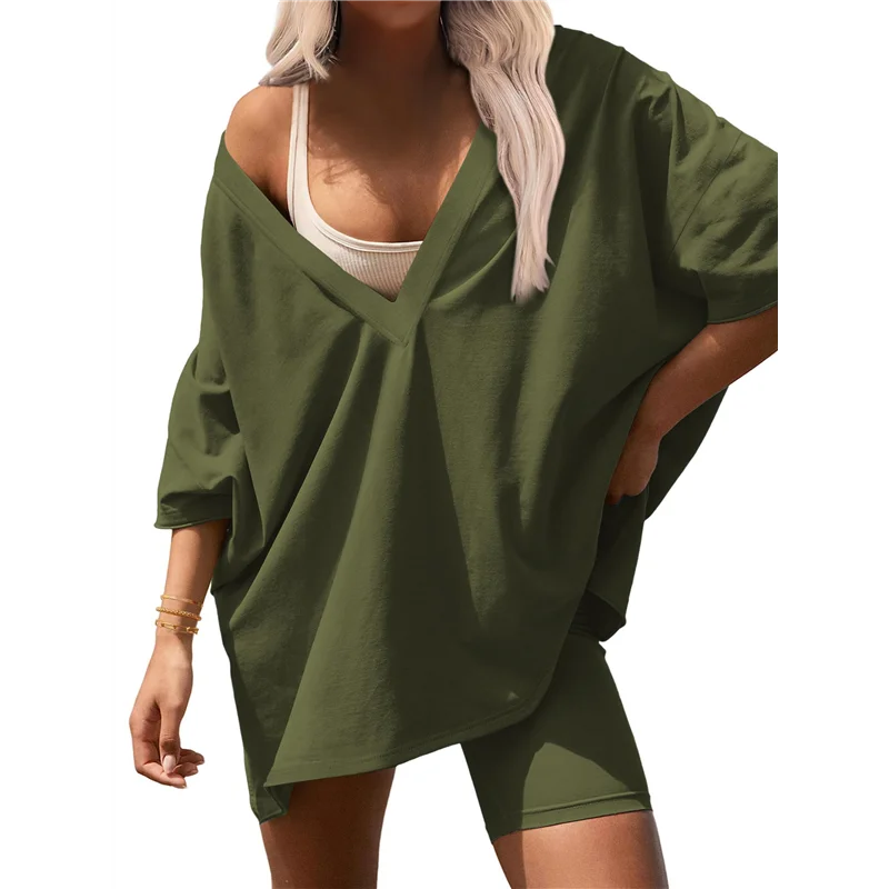 

【SEE】Womens 2 Piece Lounge Set 2025 Summer Outfits Oversized V Neck Tshirts Biker Short Comfy Airport Loungewear