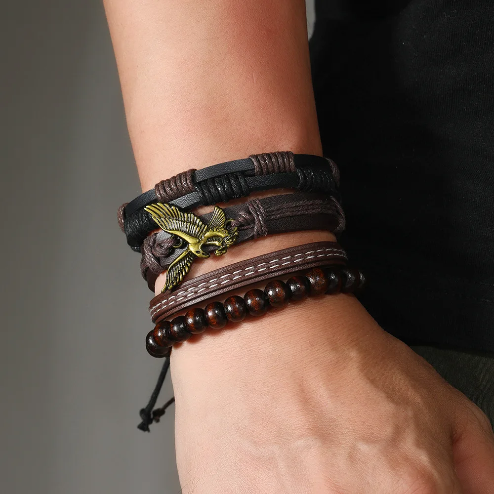 Hip Hop Trendy Wooden Bead Bracelet PU Leather Eagle Alloy DIY Bracelet Set 4 Pieces Hand Woven Multi-layer Leather Bracelet