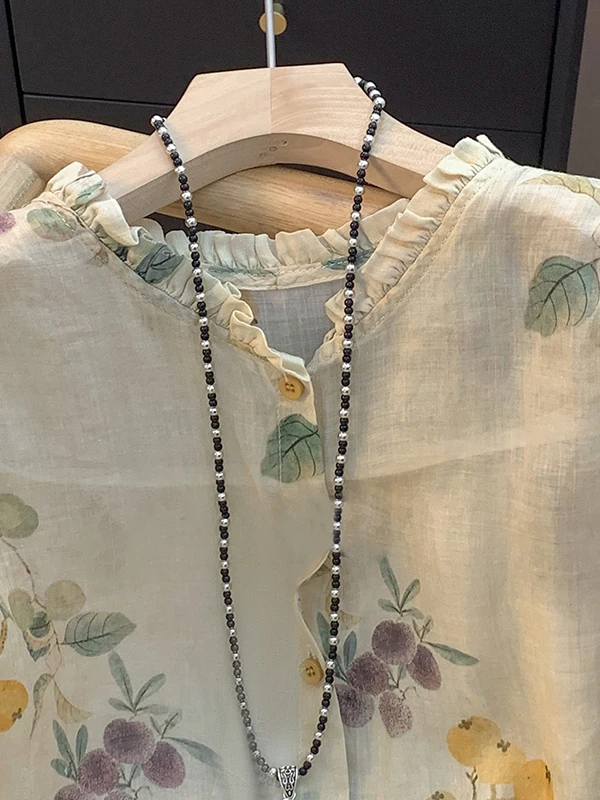 Retro Bluzka z bawełny i lnu w kwiatowy wzór, damska, letnia, w stylu leśnym, artystyczna, luźna, z kołnierzykiem w stylu klapki.