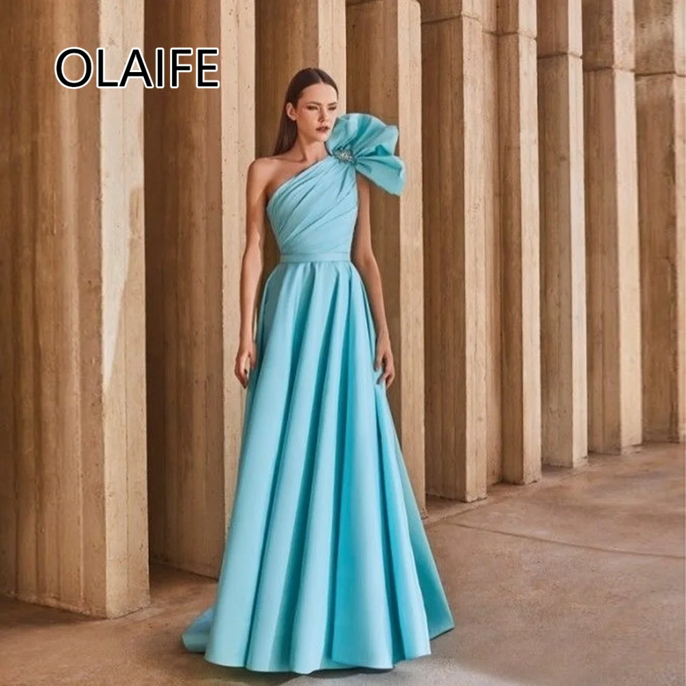 

Elegant Customzied One Shoulder Satin Pleated Special Occasions Prom Dress A-line Evening Dress with Flowers Backless Trian