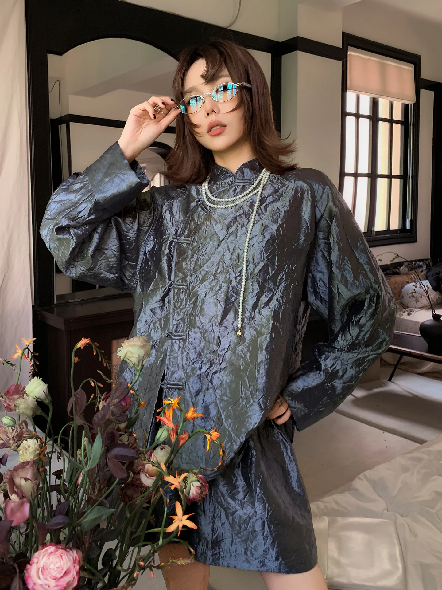 

Silver Grey Long Sleeve Short Set New Chinese Style Fashion Improved Suit Women's Summer Wear Resistant to Sunlight