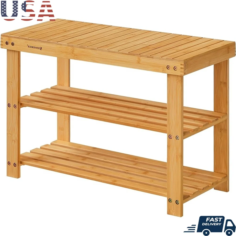 

Bamboo Shoe Rack Bench 3-Tier Entryway Organizer Storage Stool Holds 286 lb sits 6 Pairs Shoes Ideal Living Room Bedroom