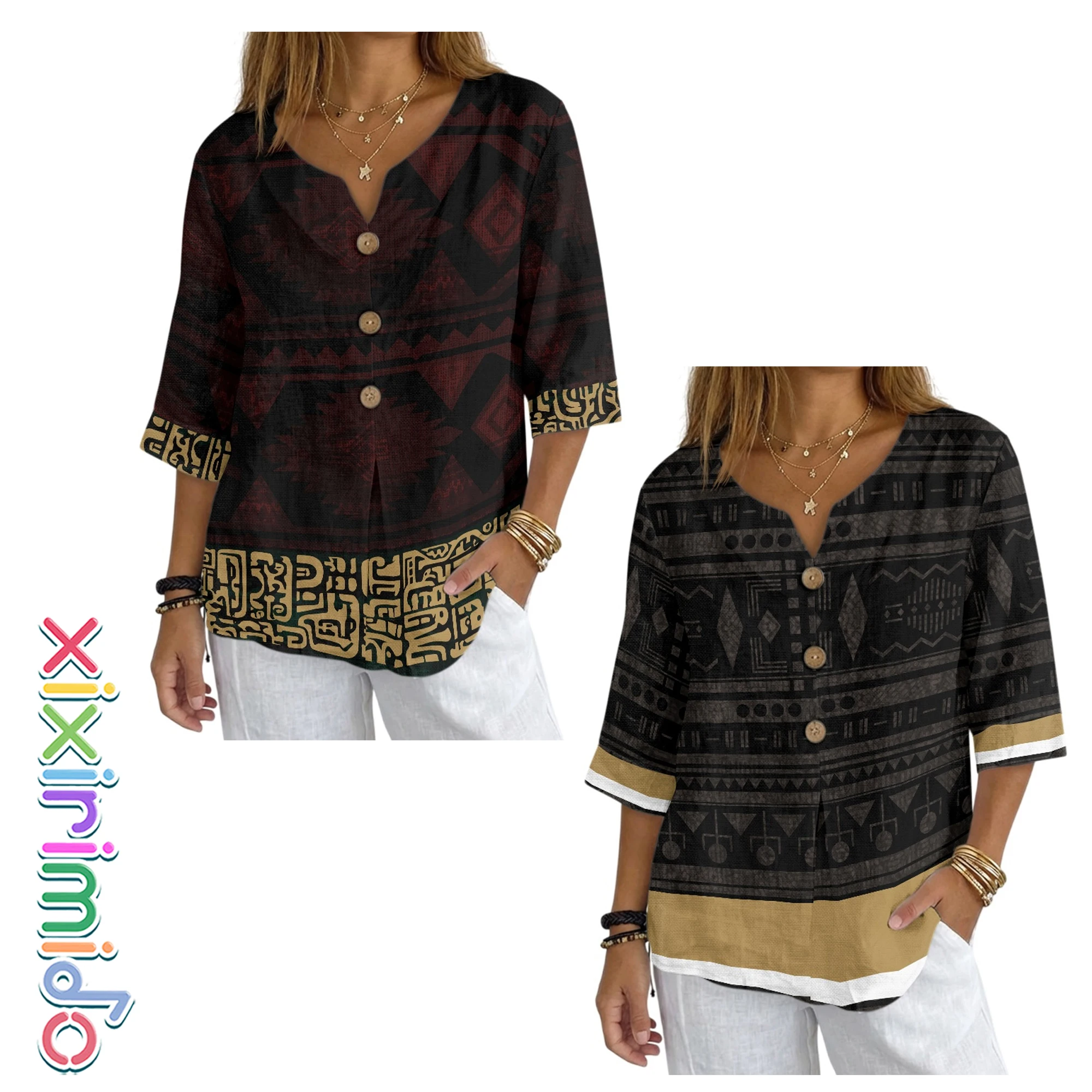 

XIXIRIMIDO Women's V-Neck Linen Button Pullovers Short-Sleeved Shirt Ethnic Striped Print Versatile Tops Loose Fit Basic Summer