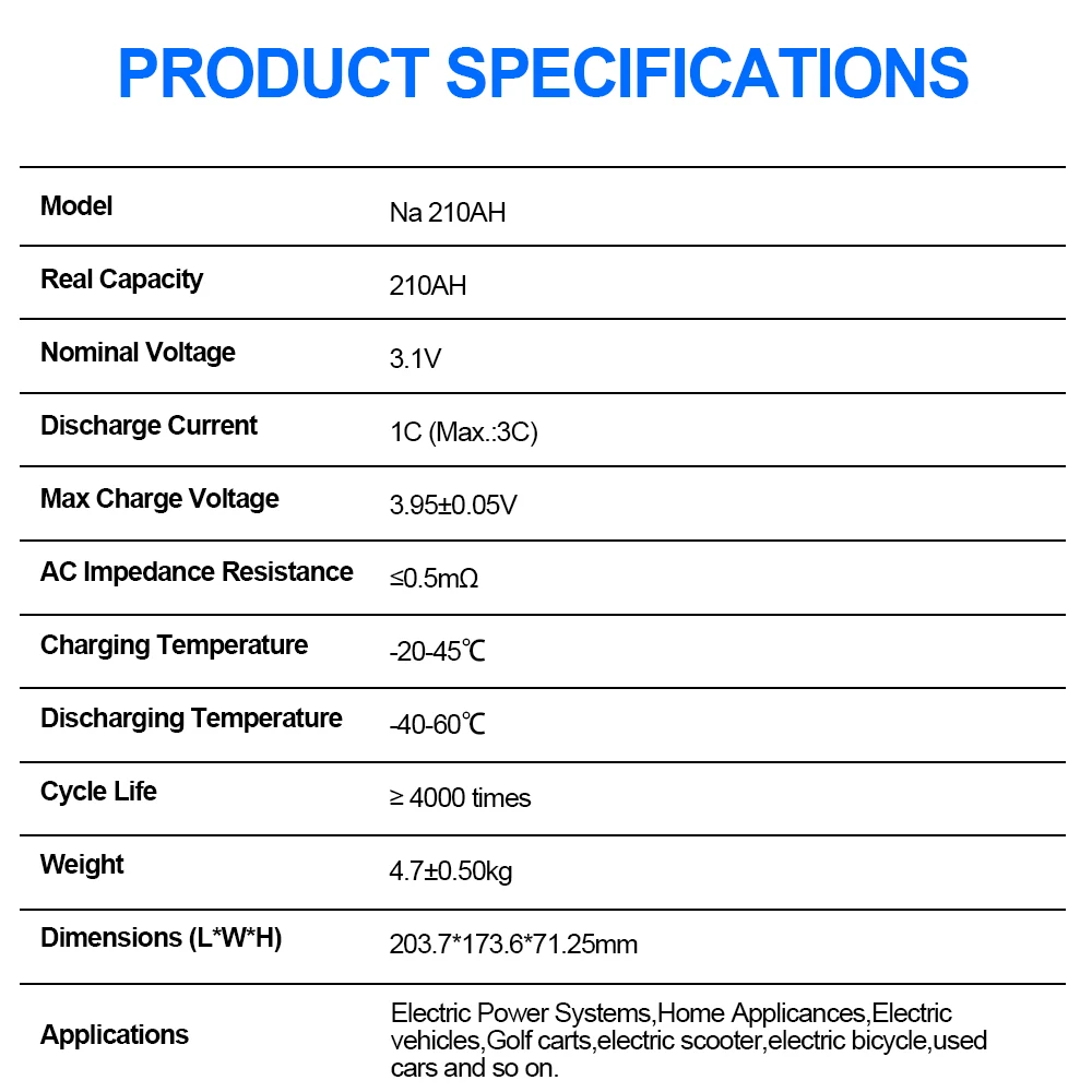 12V 24V 48V Sodium Na Ion Battery 3V 210AH Grade A+ Na Battery Rechargeable Na3V2(PO4)3 Cells Discharge at -30℃ for Solar