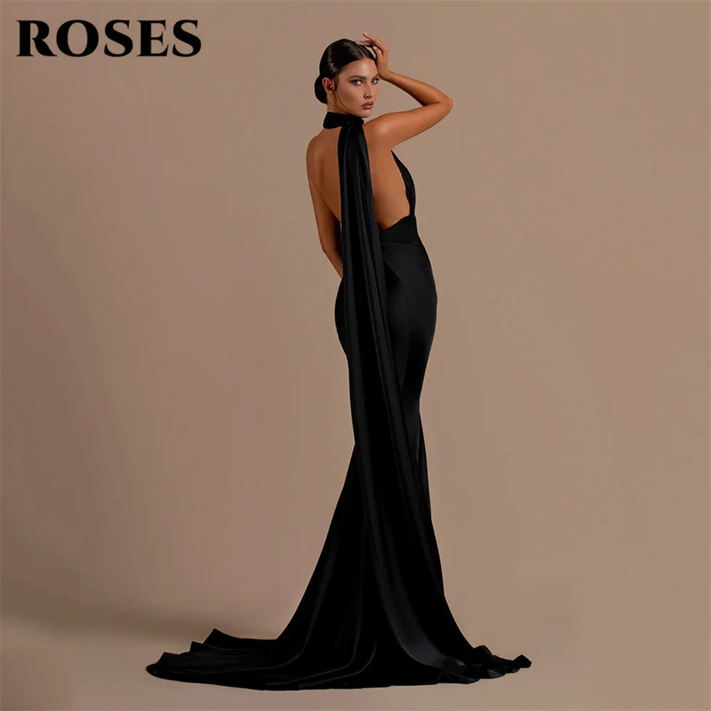 Rose Black Prom Dress Sexy Backless Halter Mermaid abiti da sera abito da festa in raso senza maniche Slim Fit lunghezza del pavimento 프