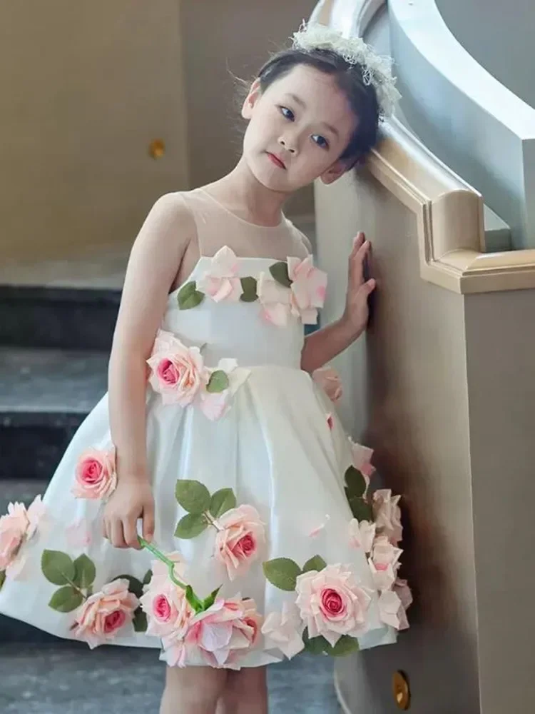 Vestido de noche con apliques de actuación para niños, fiesta de cumpleaños de boda, vestido de niña de flores