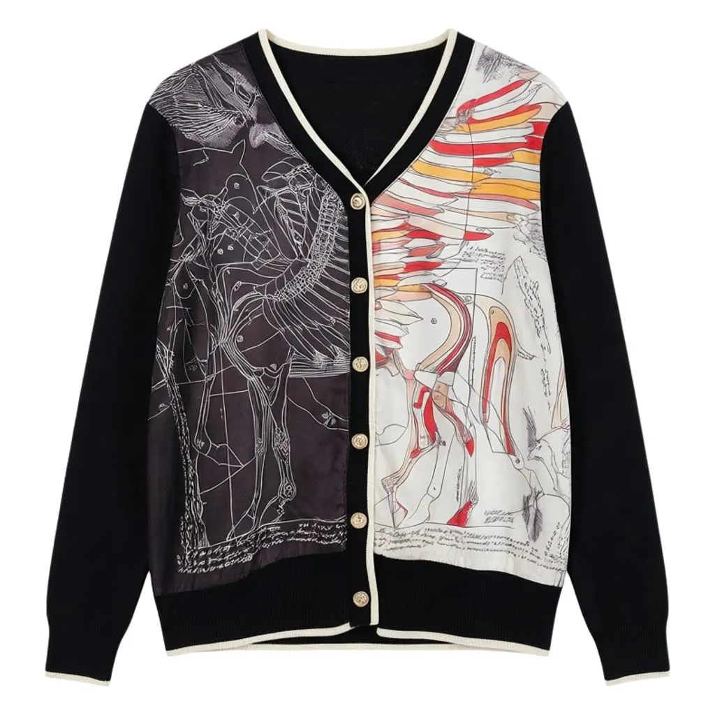 Fashion Long Sleeve T Shirts Women Autumn Clothes High Quality Knitwear French Style Horse Designer Printed V Neck Cardigan Tops