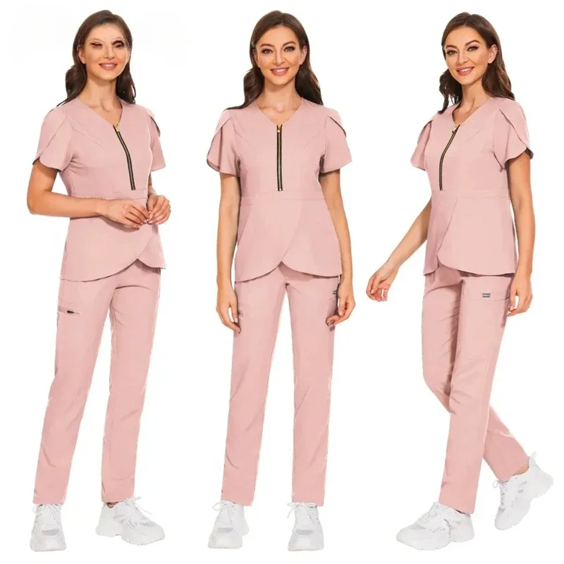 2024 NEW Medical Nursing Scrubs Suit Women Blouse Short Sleeved Nurse Working Uniforms Solid Color Pet Veterinary Work Clothes