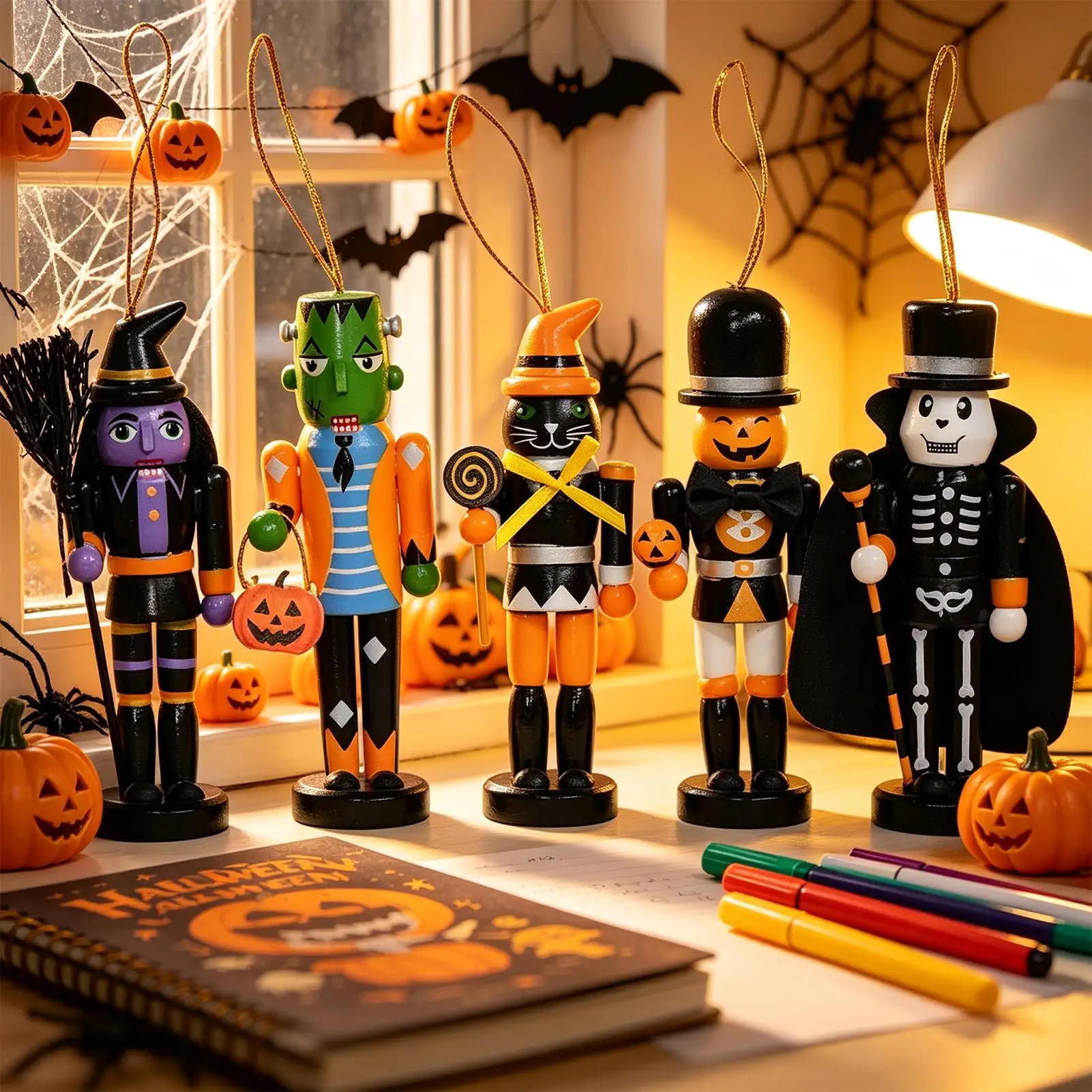 Halloween Nutcracker Ornament 5 Pieces Wooden Party Ornament Halloween Nutcracker For Holiday Party Tree Home Office Classroom