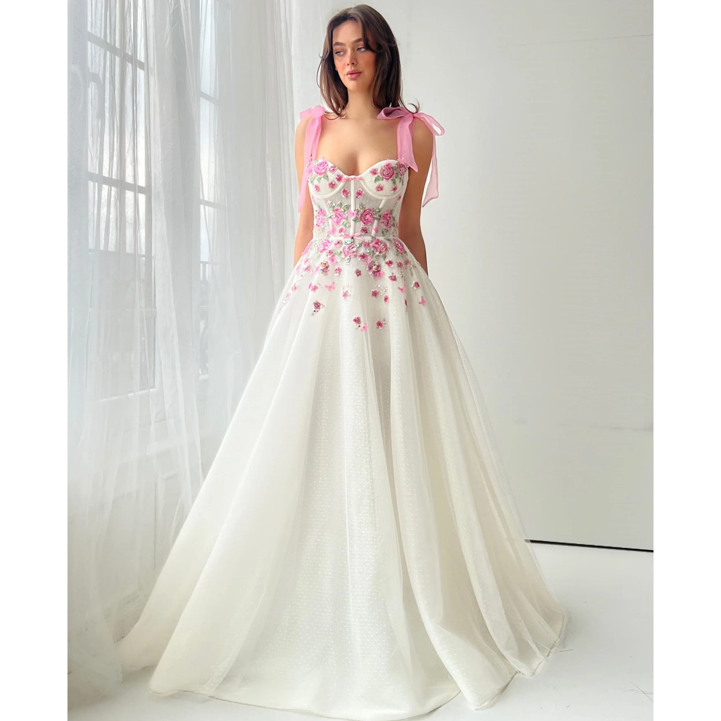 

Новое белое платье для выпускного вечера для женщин в стиле бохо с розовыми цветами Vestidos de Novia A Line Милые вечерние платья без рукавов по индивидуальному заказу