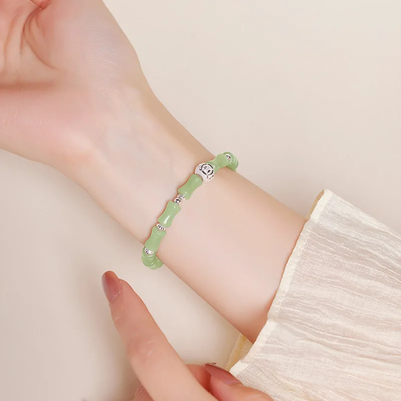 Women's Genuine Green Natural Hotan Jade Bamboo Bracelet with Silver round Beads Chinese Style High-End Jewelry Gift for Mothers