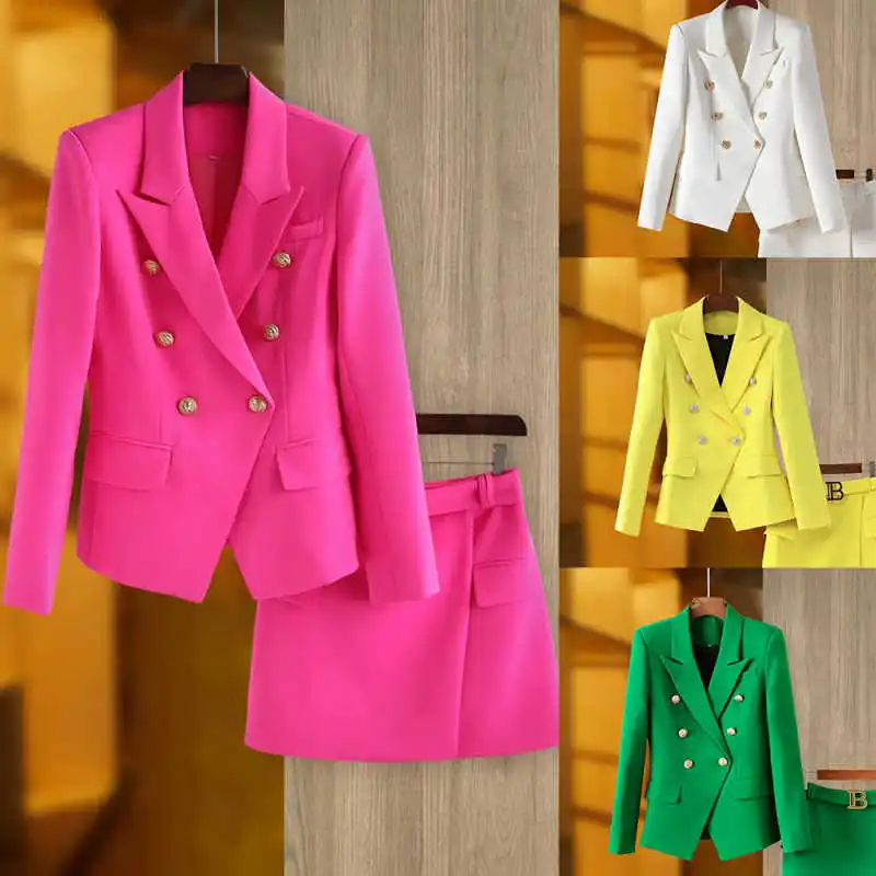 Elegant Peaked Lapel Women Suits Double Breasted Customized Blazers 2 Pieces Set (Jacket+Skirt) Fashion Streetwear Daily Wear