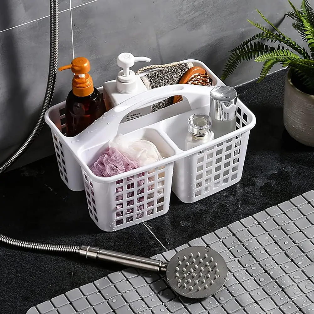 Plastic Shower Caddy Basket with Compartments, Portable Divided Cleaning Supply Storage Organizer with Handle for Dorm Bathroom