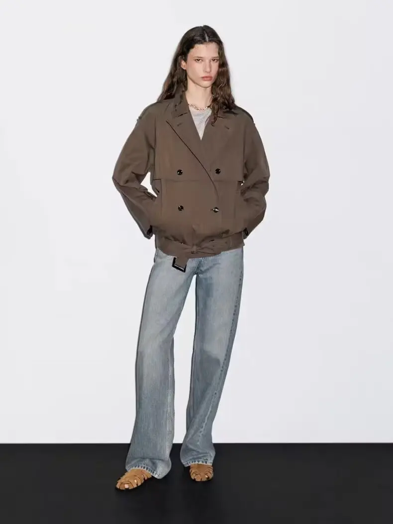 

Модная женская куртка H2547 с поясом, воротником-стойкой, универсальная, с длинными рукавами, укороченная, на двойной пуговице, из чистой ткани.