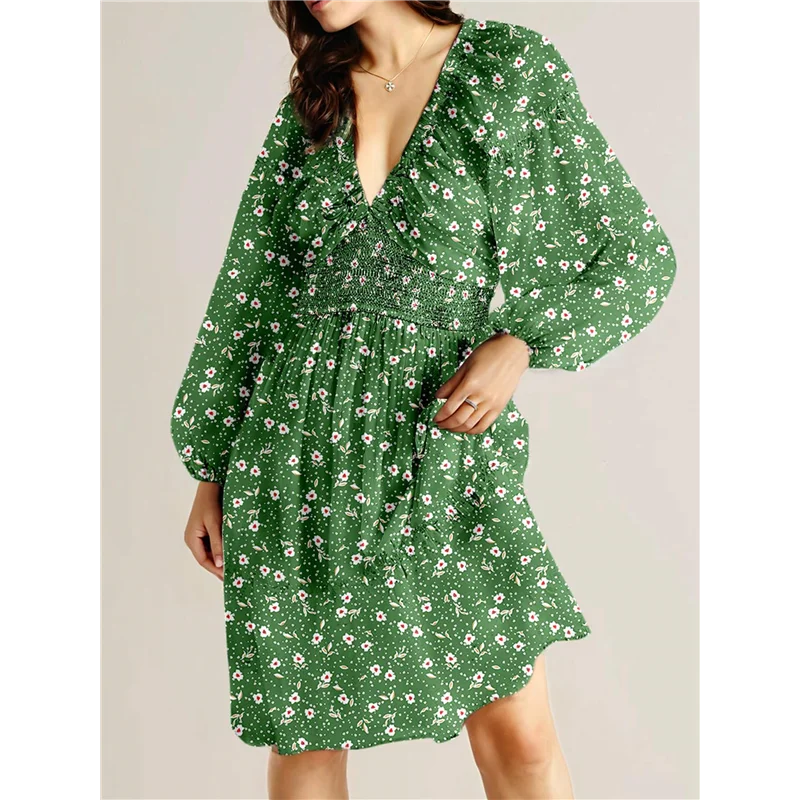 Asds-vestidos de outono para mulheres boho floral decote em v manga longa smocked cintura elástica casual linha a mini vestido de verão