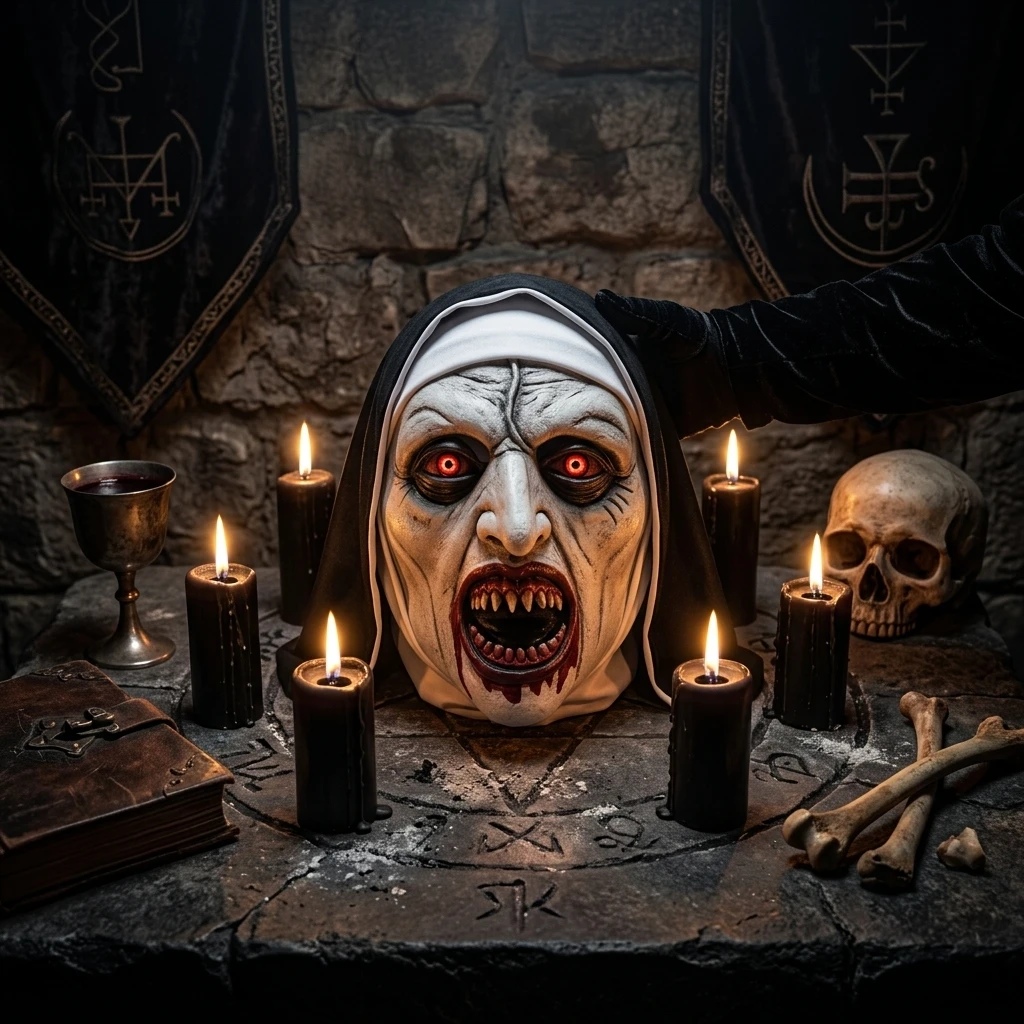 Halloween Scary Nun Mask Latex Full Head with Headscarf Veil Cosplay Costume Prop Adult Unisex Halloween Party Masquerade Dress Up view 5