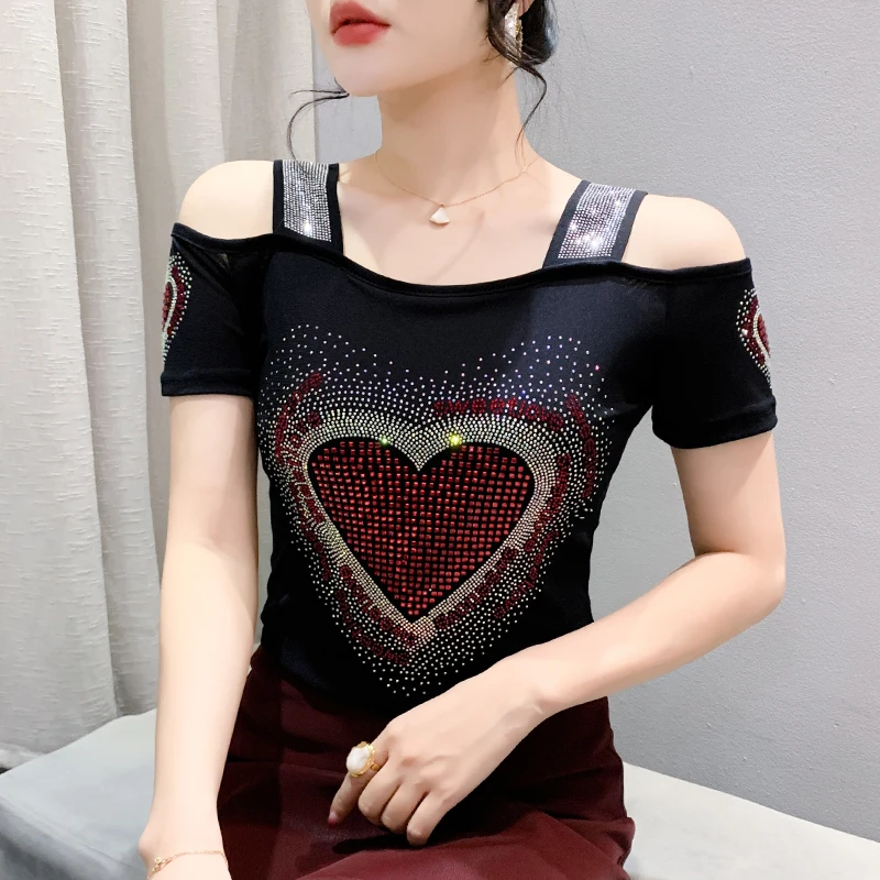 M-3XL High Quality Short Sleeve Top Summer New Sexy Off Shoulder Women Mesh Tees Hot Diamonds T-shirt Bluses