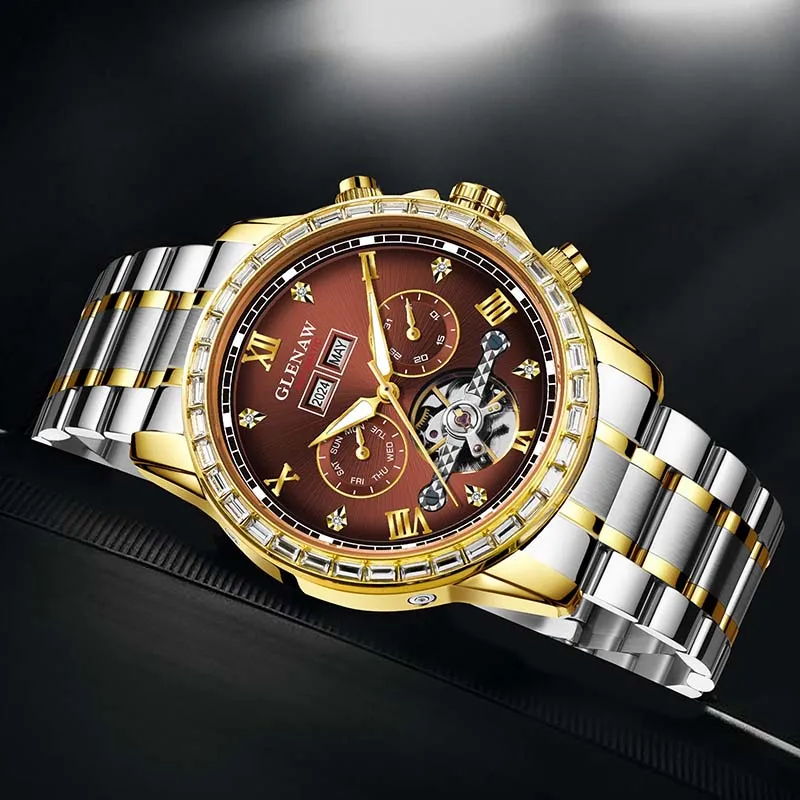 GLENAW autentico orologio da uomo originale di fascia alta con movimento completamente automatico, orologio meccanico, impermeabile, luminoso, con doppio calendario