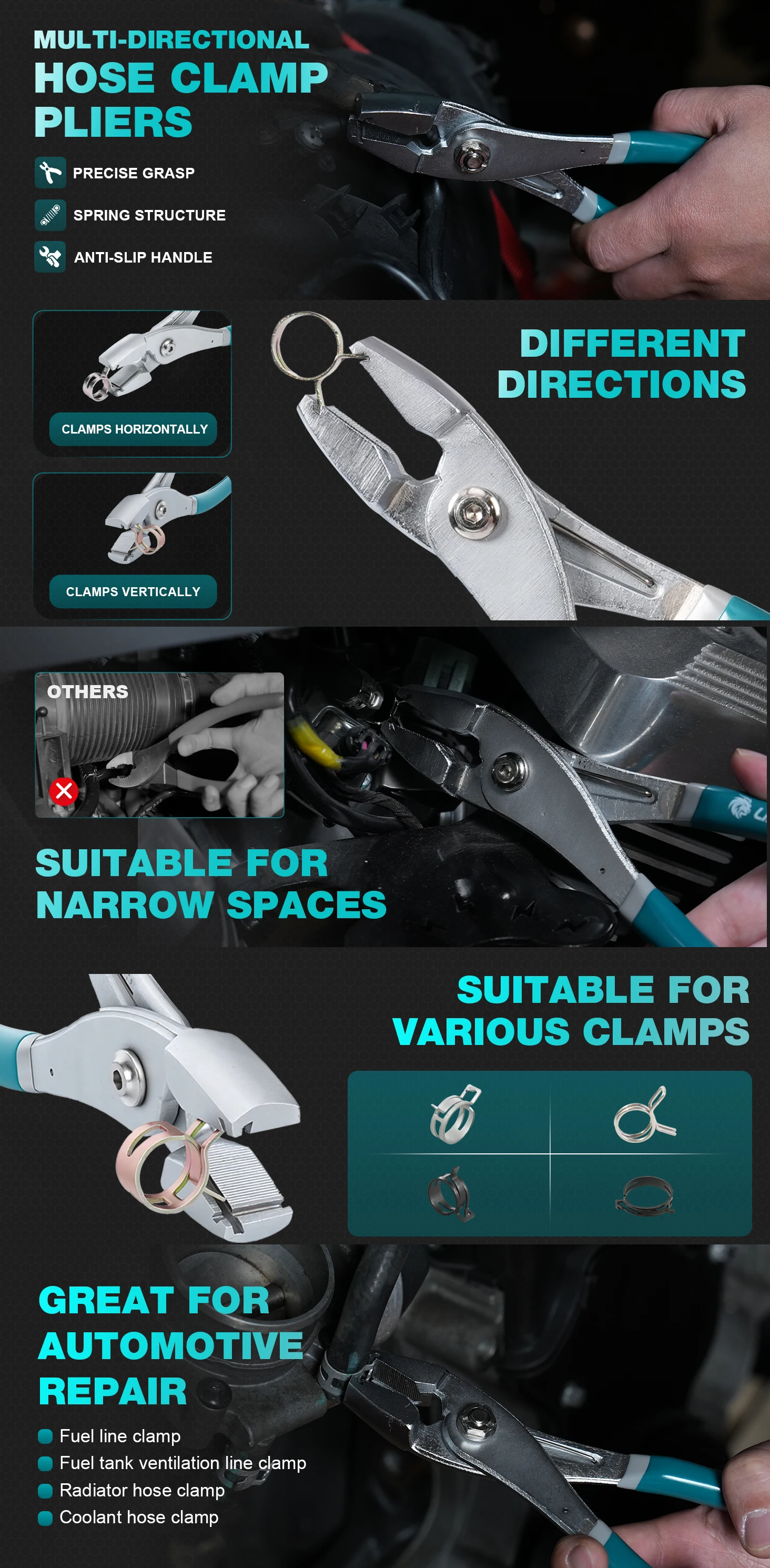 LIBRATON 1 Stück Multi-Winkel-Schlauchklemmzange Stufenlose Klemmzange Schneckenklemme für Kraftstoff- und Wasserschläuche Reparaturwerkzeug für Autos – Detail 1