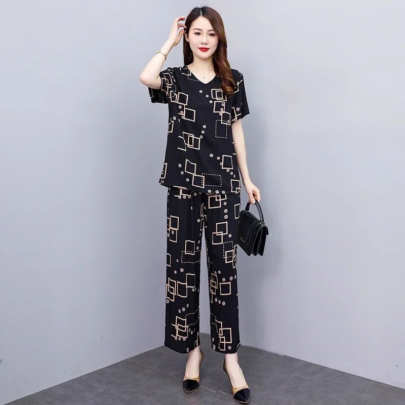 Summer Two Piece Sets Womens Outifits 2023 New Casual Printing Elastic Waist Wide Leg Pants Sets Elegant Blouse Summer Suit