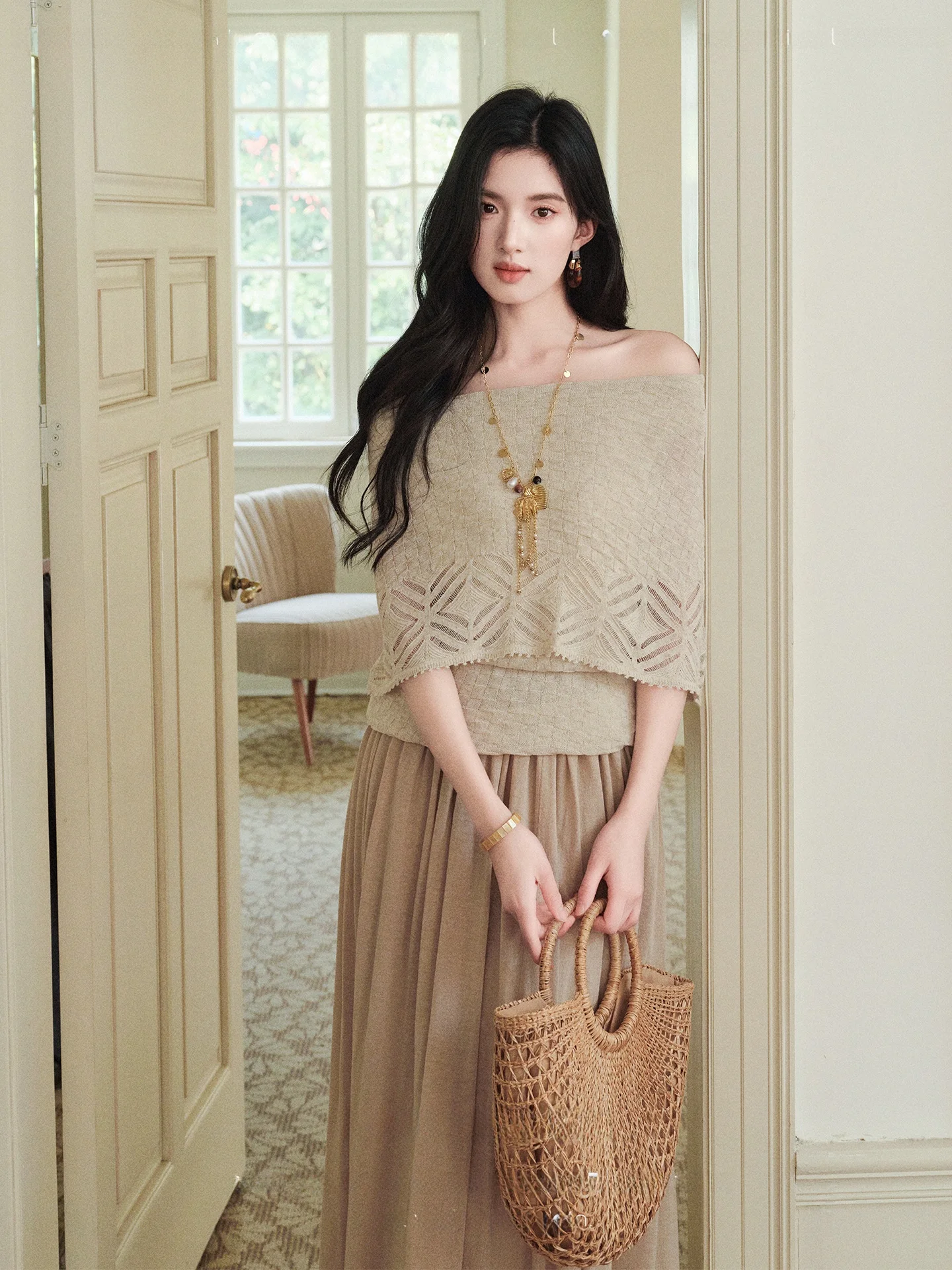 

R Lesai R Linen Knitted Half Skirt Shoulder Soft Set Women's Fashion Spring Collection Medium Sleeve Two Piece Set
