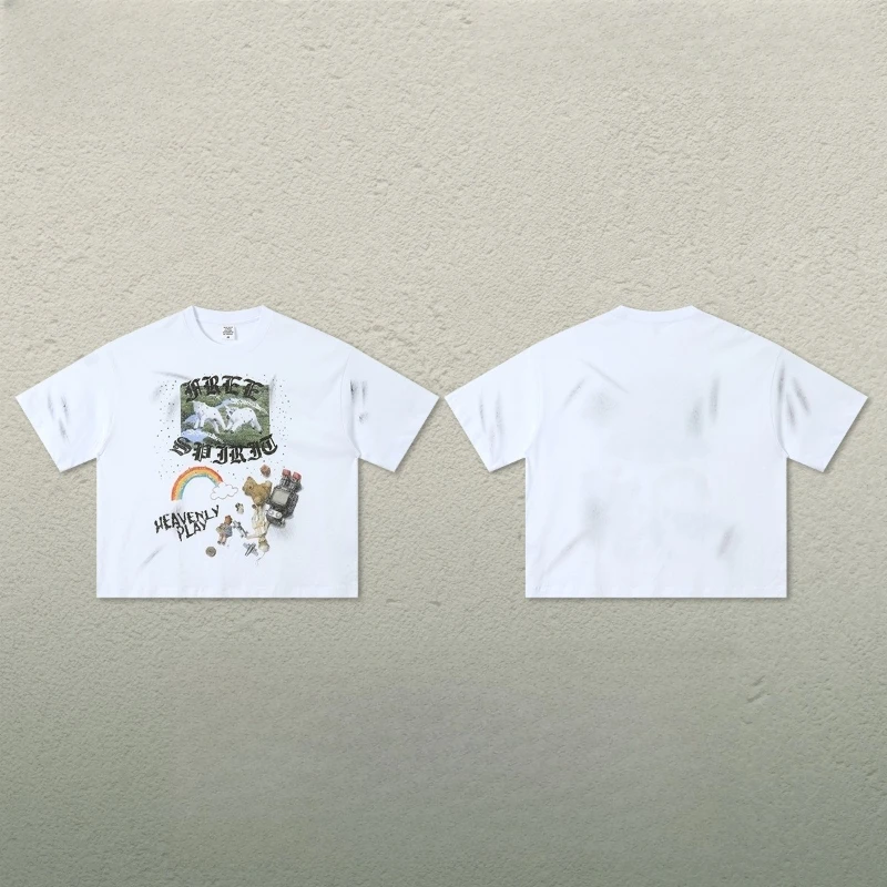 Mens T Shirt Harajuku American Graffiti Print Rhinestone Patch Tee Loose Drop Shoulder Round Neck Short Sleeve Streetwear Unisex