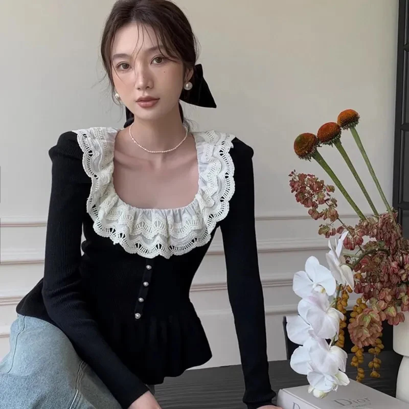 

Elegant Ruffles Knit Sweater Women Lace Patchwork Long Sleeve Slim Fit Pullovers French Chic Autumn Winter Casual Crop Jumpers