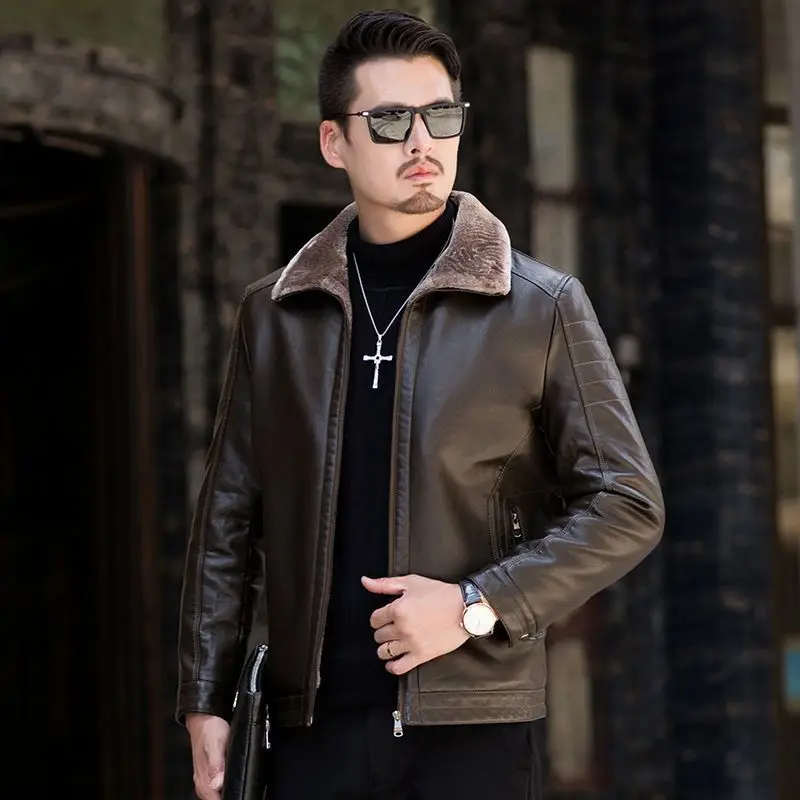 

Autumn /winter Middle-aged and Elderly Leather Coat Loose Large Size Fur One Plus Fleece Thickened Men's Father Leather Jacket