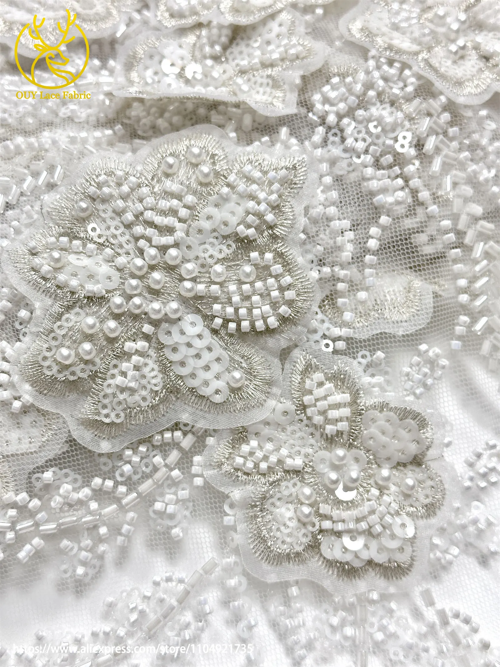 Afrikanischer Perlenstickerei-Spitzenstoff 2026 Hochwertige Französische 3D-Blumen-Pailletten-Stickerei Tüllspitze für Party- und Hochzeitskleider – Detail 14
