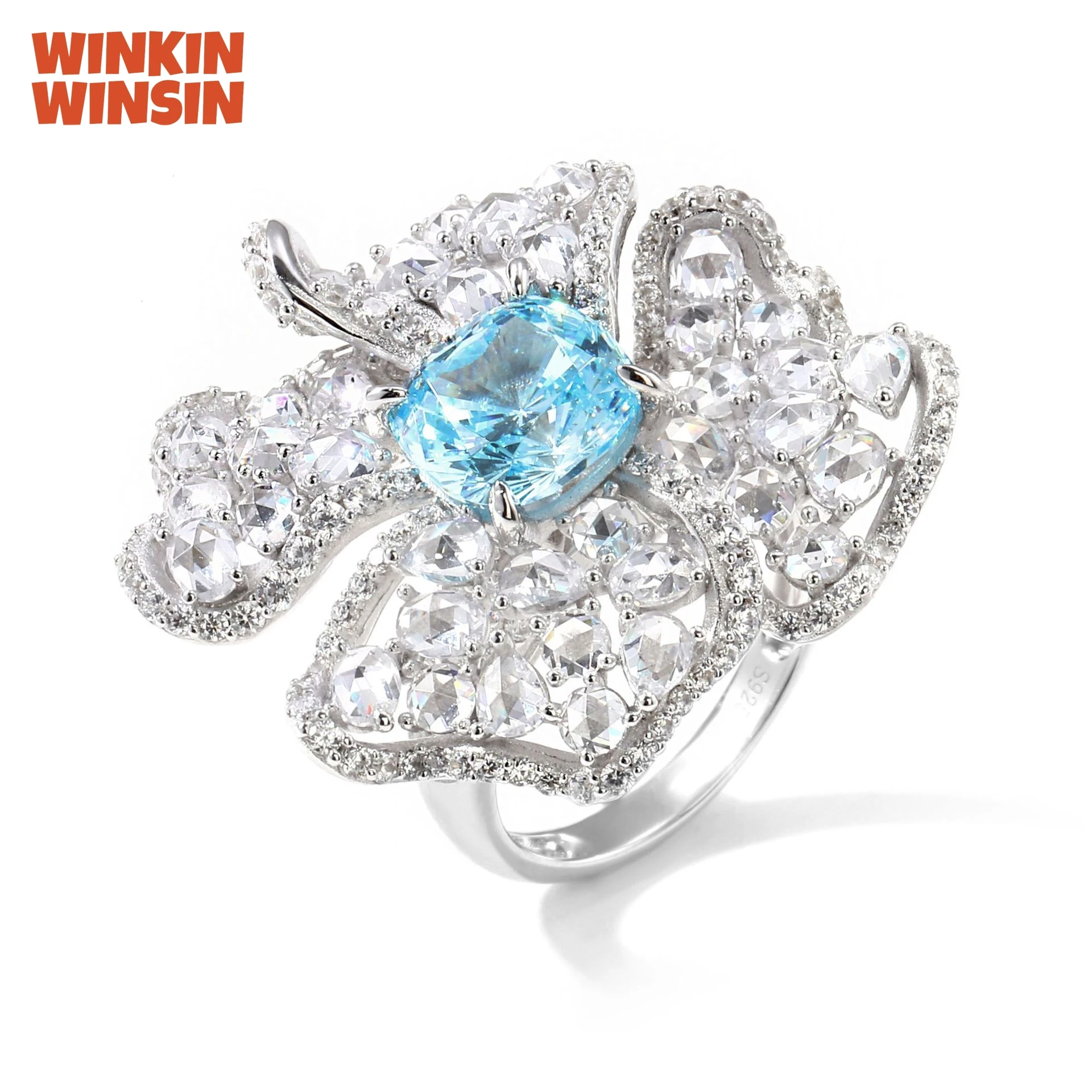 

WINKIN WINSIN Brand MST 925 Sterling Silver Rose Petal Rings with High Carbon Diamond Blue Sapphire Rings Jewelry