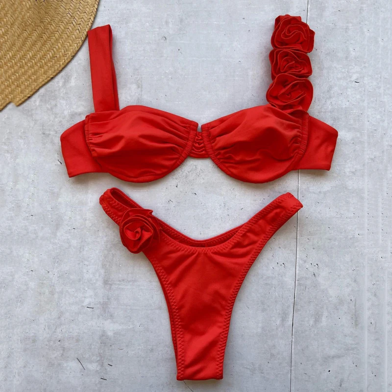 Maillot de bain rouge fleuri pour femmes, sexy, ensemble deux pièces, style brésilien, pour baigneurs de piscine