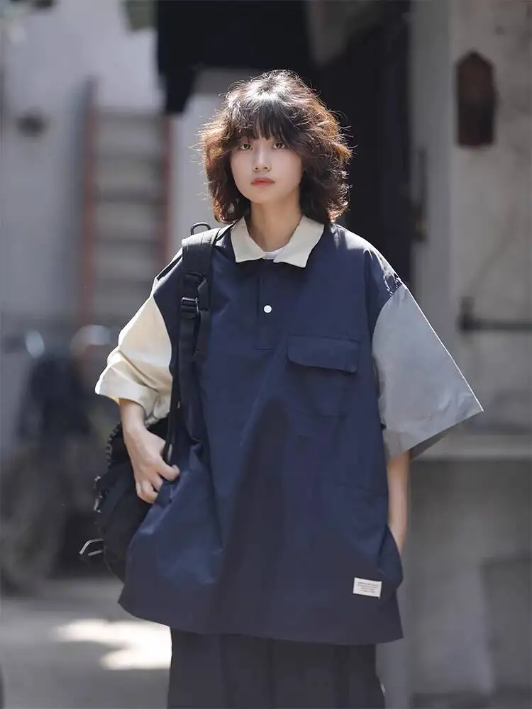 2026 New Summer Unisex Japanese Retro Contrast Color Cargo Polo Shirt Multi Pocket Loose Casual Short Sleeve Shirt